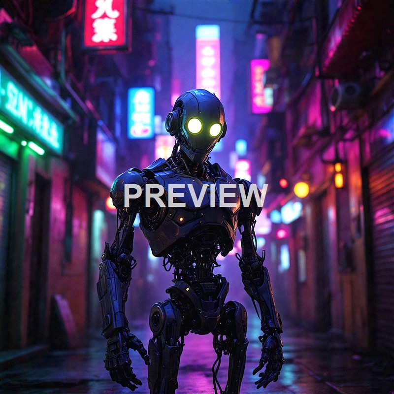 A humanoid robot with glowing eyes standing in a neon-lit urban alleyway at night, surrounded by colorful signs and reflections.